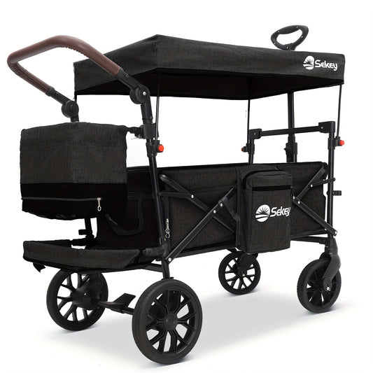 Opvouwbare Handwagen – Vouwwagen – Bolderkar – Transportkar – Trolley – XXL PU-wielen 24/20 cm – Schokabsorberende Vering & Comfortabele Gevoerde Zitting – Zwart