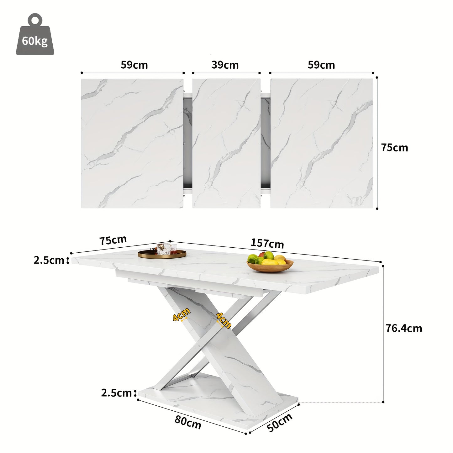 Extendable Dining Table - Heavy-Duty Metal Construction, Space-Saving Extendable design (118-157cm/4'-6"), Modern Kitchen & Living Room Table with Crossed Legs, Easy Assembly for Home, Office, Events - White, Event Furniture,