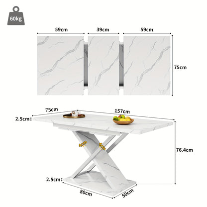 Extendable Dining Table - Heavy-Duty Metal Construction, Space-Saving Extendable design (118-157cm/4'-6"), Modern Kitchen & Living Room Table with Crossed Legs, Easy Assembly for Home, Office, Events - White, Event Furniture,