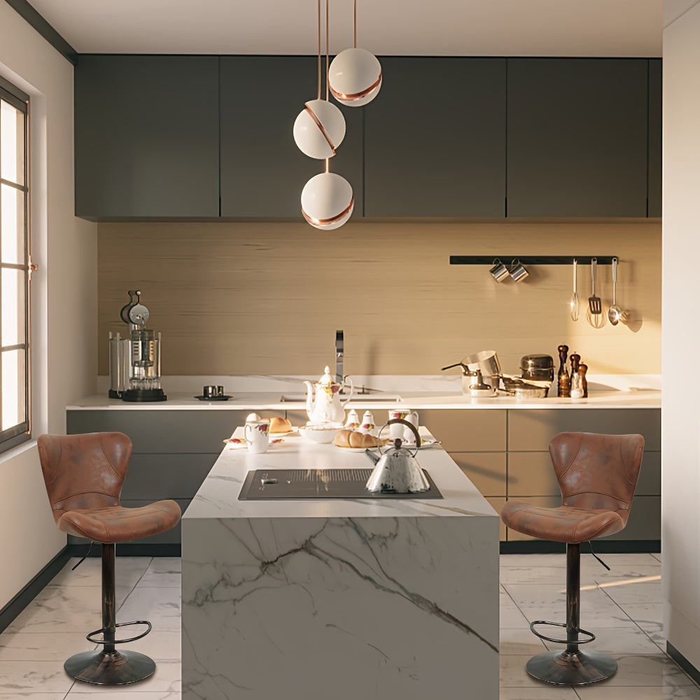 2pcs Vintage Brown Bar Stools, Faux Leather, Swivel Bar Stools, 47.5x34x88-109cm, Industrial Kitchen Bar Stools with Backrest, Vintage Swivel Bar Chairs