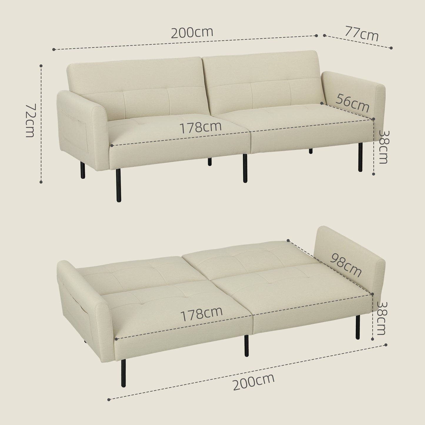 Bankbed – Slaapbank – Bedbank – Zetelbed – Logeerbed – 3-Zits – Verstelbare Rugleuning – Beige Linnenstof – Click-Clack Mechanisme – Zijvakjes