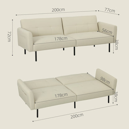 Bankbed – Slaapbank – Bedbank – Zetelbed – Logeerbed – 3-Zits – Verstelbare Rugleuning – Beige Linnenstof – Click-Clack Mechanisme – Zijvakjes
