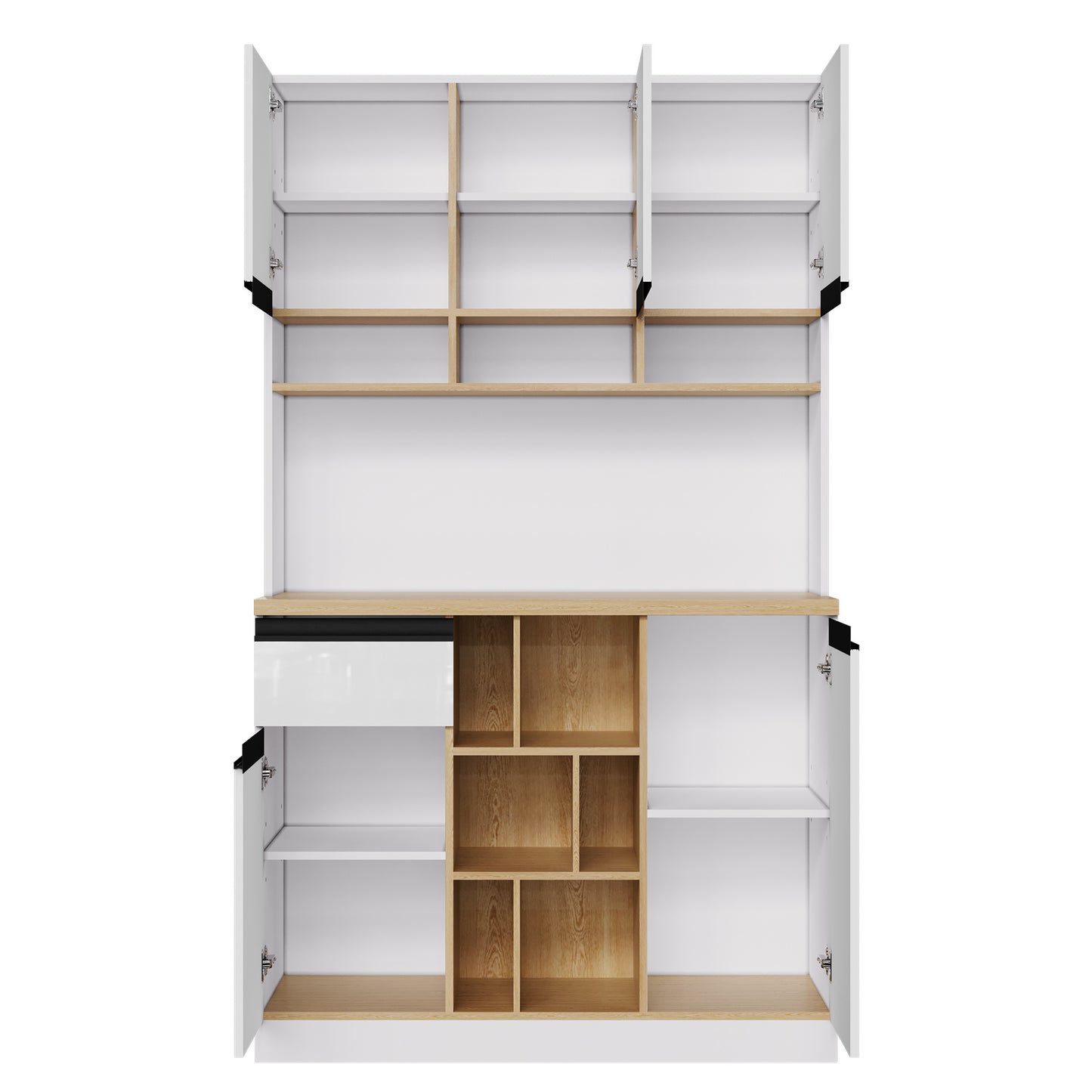 Buffetkast – Hoge Kast – Opbergkast – Dressoir – Keukenkast – Hoogglans Wit – Zwarte Metalen Handgrepen – 185 cm Hoog – Verstelbare Planken & Anti-Kantelbeveiliging