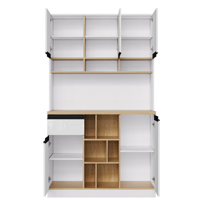 Buffetkast – Hoge Kast – Opbergkast – Dressoir – Keukenkast – Hoogglans Wit – Zwarte Metalen Handgrepen – 185 cm Hoog – Verstelbare Planken & Anti-Kantelbeveiliging