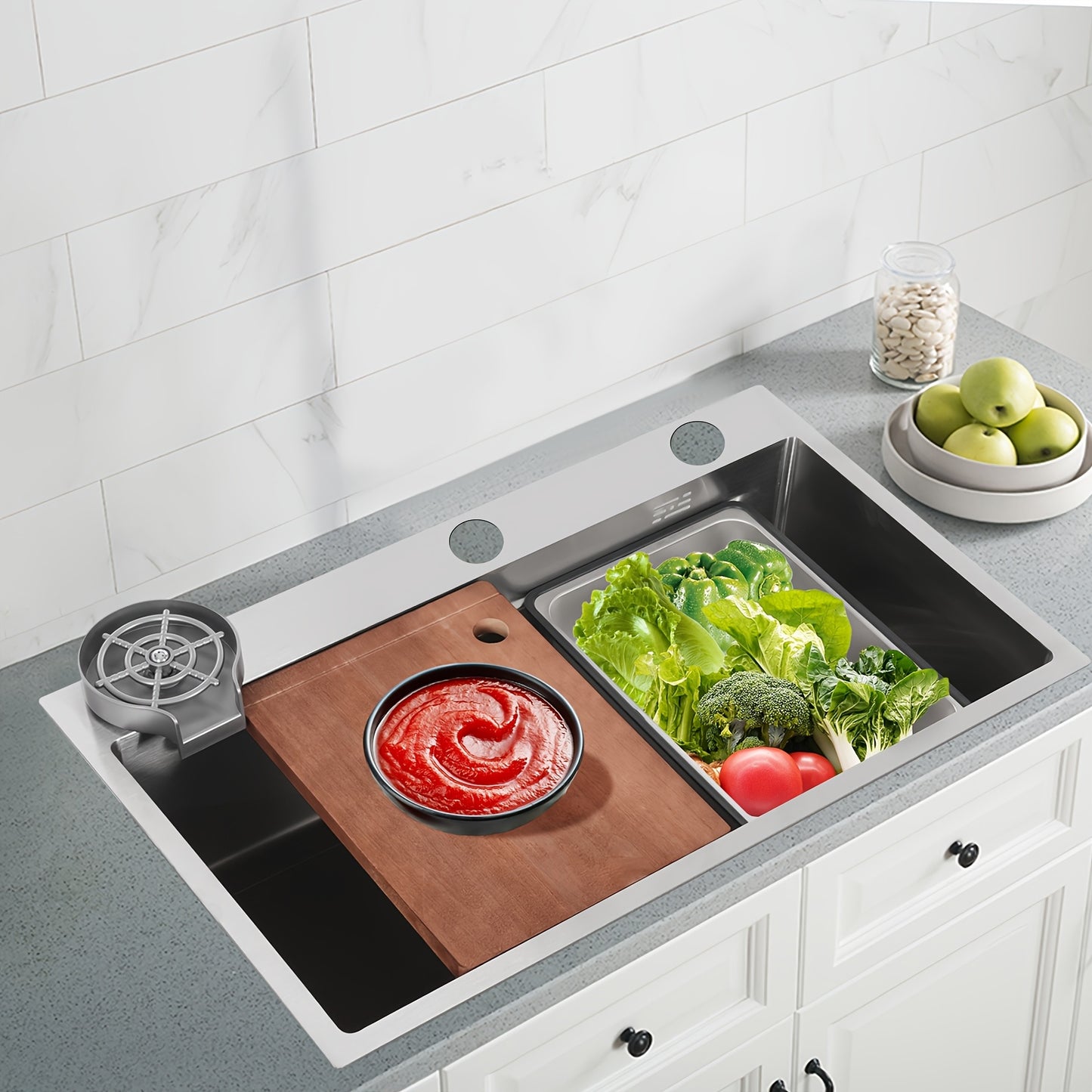 Spoelbak – Keukenspoelbak – RVS Wasbak – Inbouw Spoelbak – Multifunctionele Spoelbak – 304 RVS Met Nano-Coating – Inclusief Houten Snijplank & Afwateringsmand – 75x45x22 cm Silver