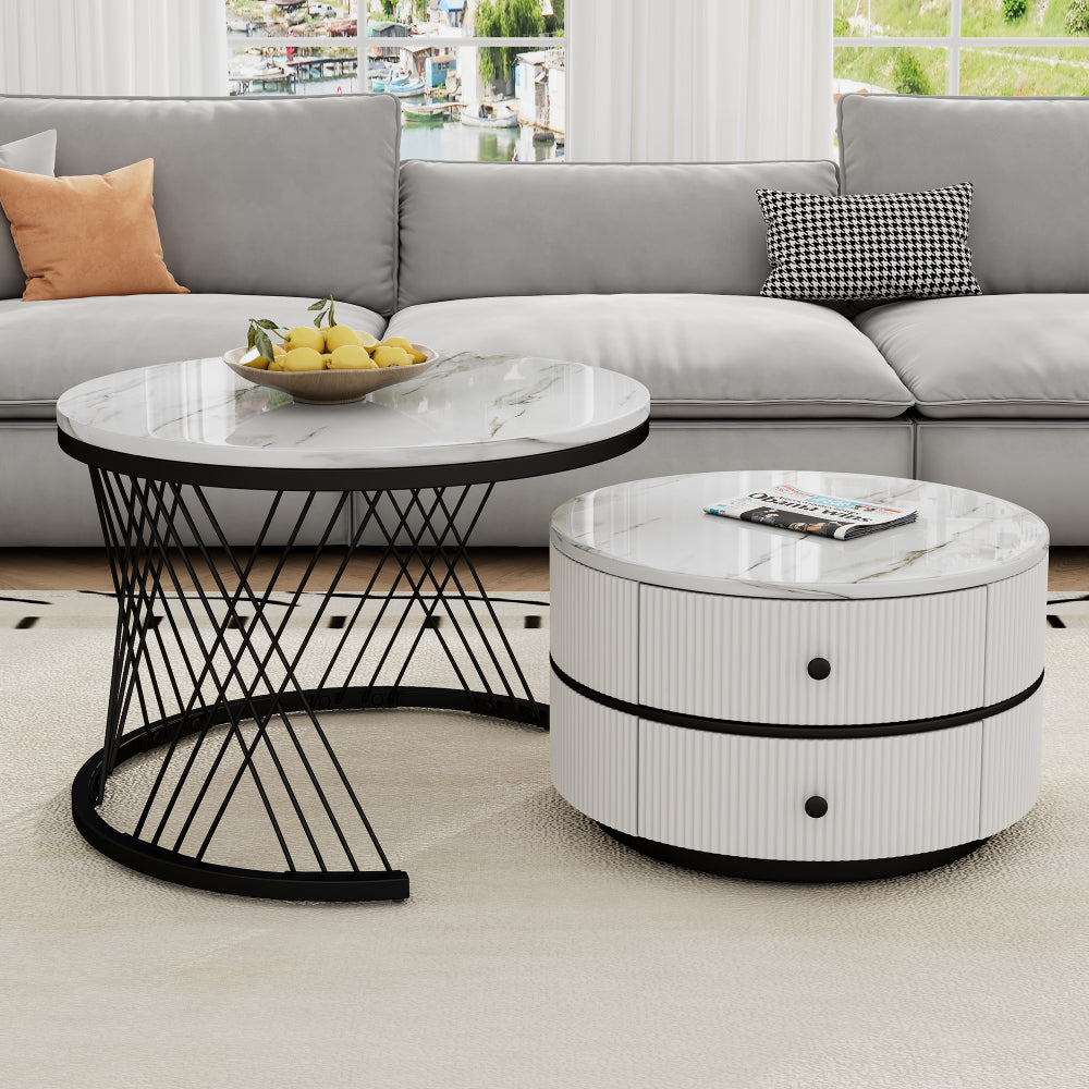 Salontafel – Koffietafel – Bijzettafel – Nesting Tafel – Opbergtafel – Nestbare Set Met Twee Lades – Metalen Frame – Rond Tafelblad – Moderne Design – Ruimtebesparend