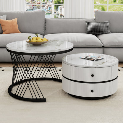 Salontafel – Koffietafel – Bijzettafel – Nesting Tafel – Opbergtafel – Nestbare Set Met Twee Lades – Metalen Frame – Rond Tafelblad – Moderne Design – Ruimtebesparend