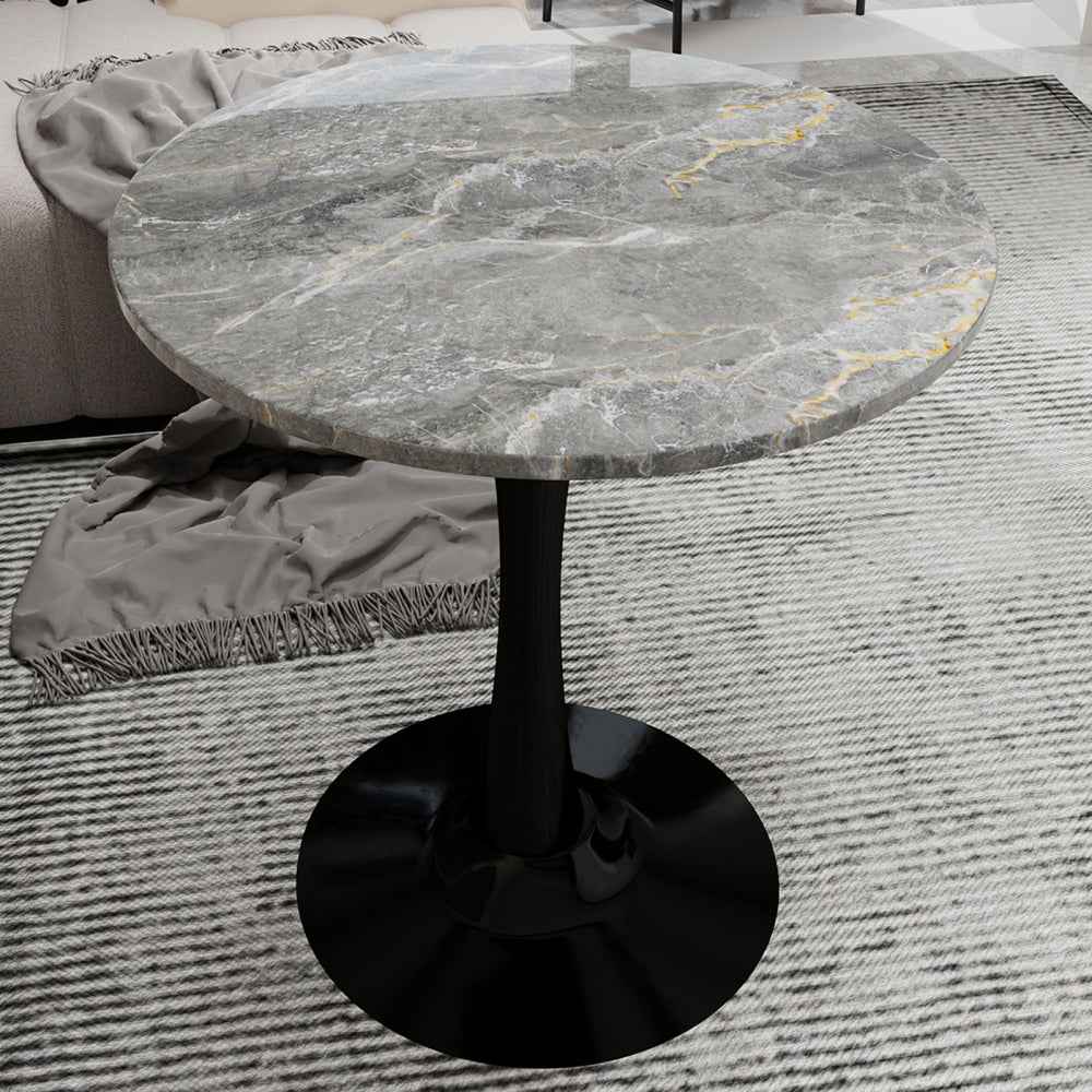 2-4 Person Black Coffee Table | Medieval Modern Dining Table with Round Marble Top, Dark Gray Texture, Suitable for All Environments, Metal Base, Extending Style