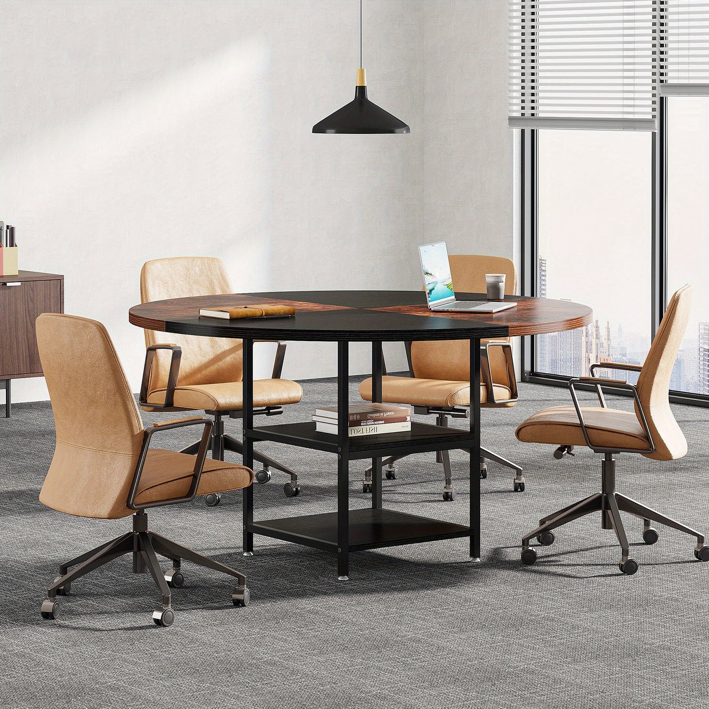 Ronde Conferentietafel – Vergadertafel – Bureautafel – Meetingtafel – Trainingstafel – Voor 4-6 Personen – Met Opbergrek – Houten Blad Met Metalen Poten – Zwart Bruin