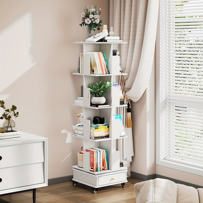 Boekenkast – Boekenrek – Opbergkast – Draaibare Kast – Mobiele Boekenkast – 3-laags met Lade – 360° Draaibaar met Vergrendelbare Wielen – Duurzaam Hardhout, Compact & Ruimtebesparend