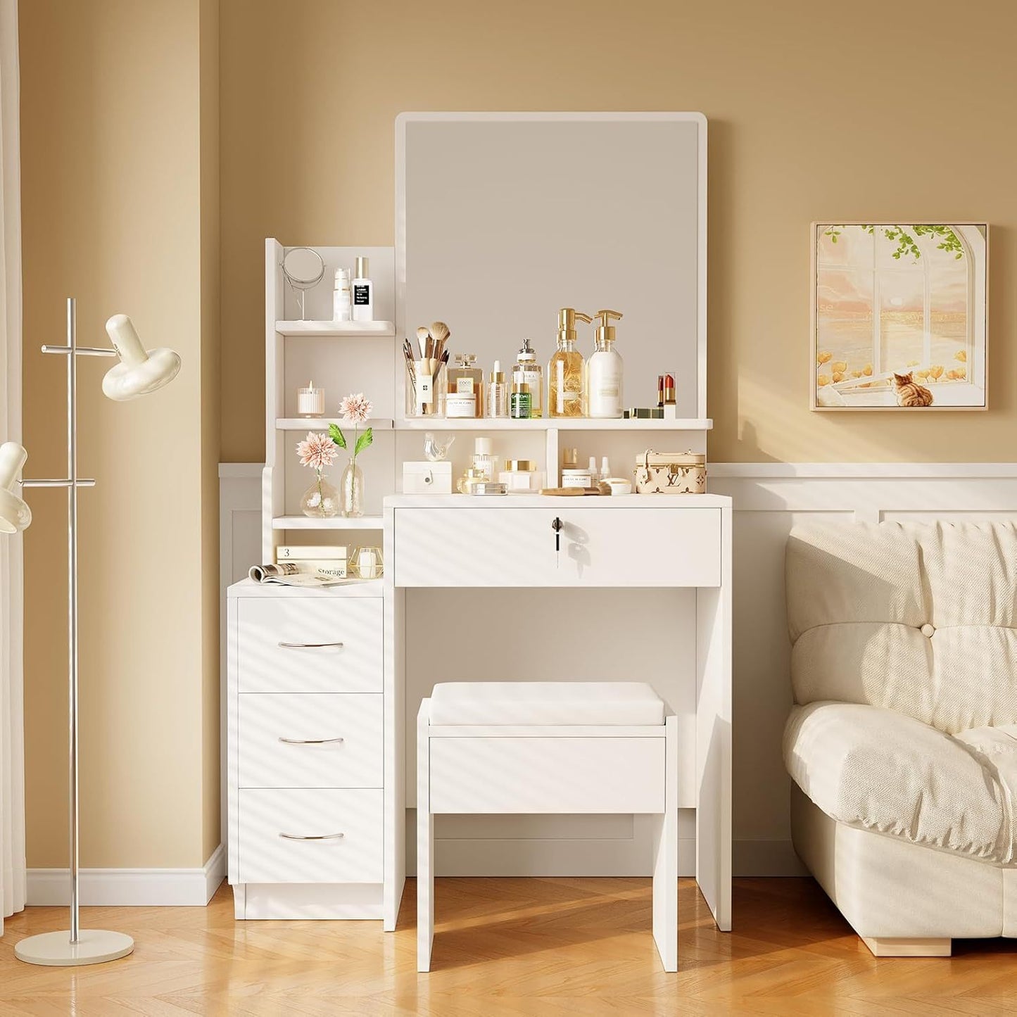 Kaptafel – Make-up Tafel – Dressing Table – Cosmeticatafel – Hoektafel – Met Spiegel en Kruk – 3 Lades en Open Planken – Compact Hout Kunststof