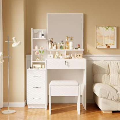 Kaptafel – Make-up Tafel – Dressing Table – Cosmeticatafel – Hoektafel – Met Spiegel en Kruk – 3 Lades en Open Planken – Compact Hout Kunststof