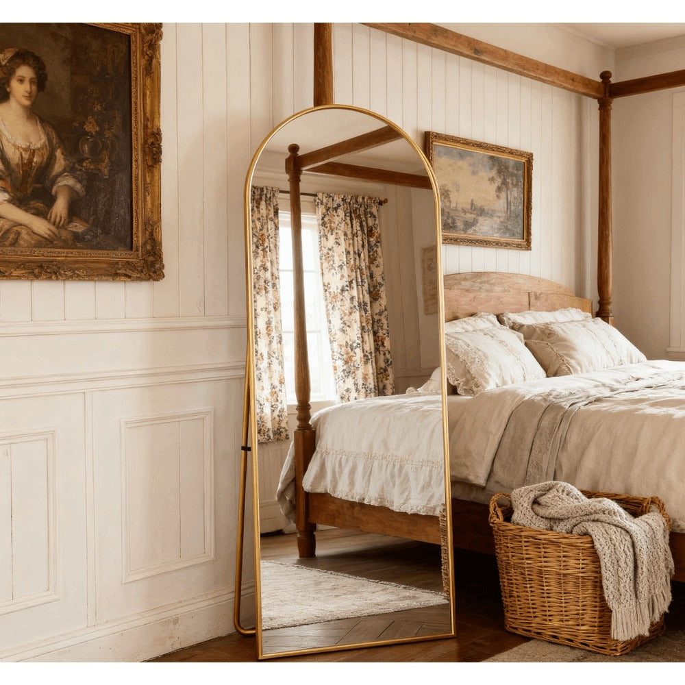Vloerspiegel – Staande Spiegel – Passpiegel – Wandspiegel – Lengtespiegel – Goud Aluminium Frame – 162 x 53 cm – Gebogen Design
