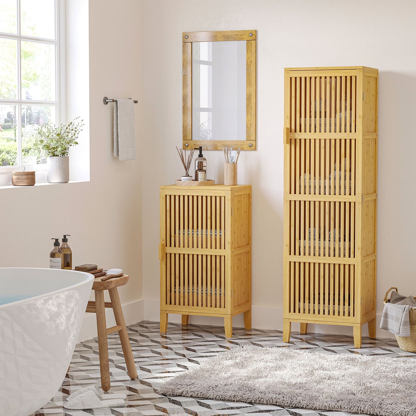 Bamboekast – Opbergkast – Badkamerkast – Boekenkast – Ladekast – Natuurmateriaal Bamboe – 4 Niveaus Met Latten Deuren – Compact 40x30x140 cm