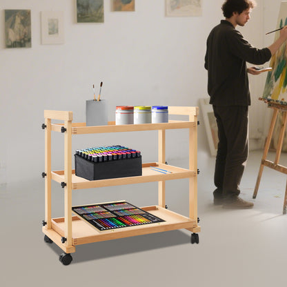 3-laags Kunstwagen – Kunstkar – Opberger – Trolley – Werkstation – Houten Planken – Metalen Frame – Mobiel met Remmen – Stevig & Ruim