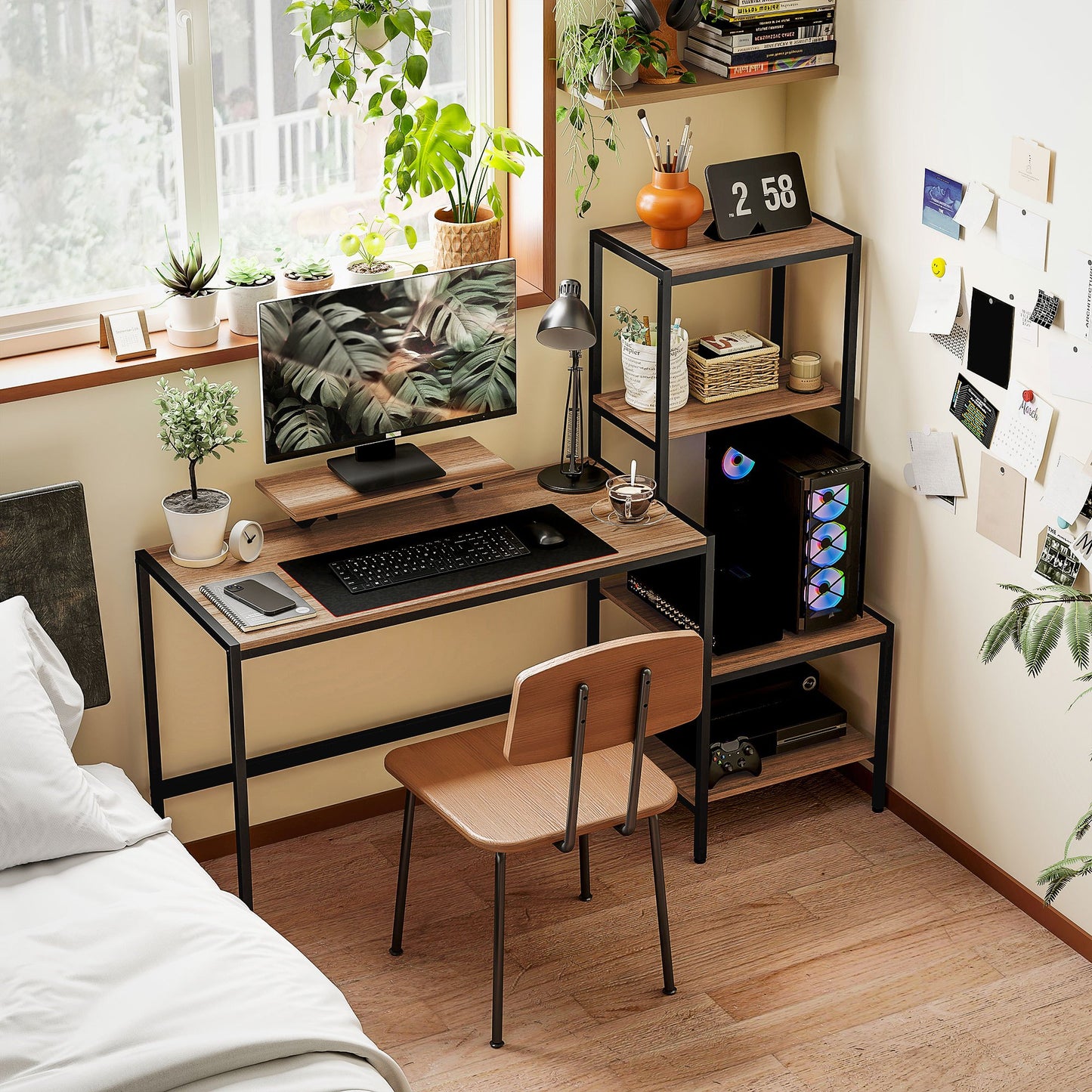 Bureau – Computertafel – Bureautafel – Werkplek – Kantoorbureau – 4 Verstelbare Planken – Ergonomische Monitorstandaard – Ruim Werkblad 150x48 cm – Stevig Metaal Frame – Bruin