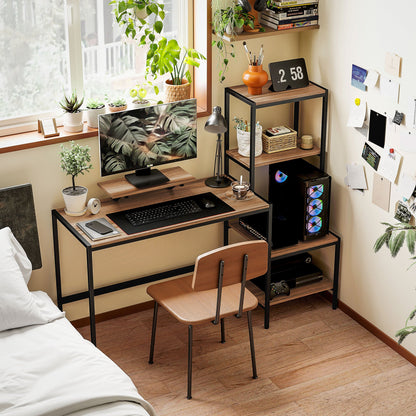 Bureau – Computertafel – Bureautafel – Werkplek – Kantoorbureau – 4 Verstelbare Planken – Ergonomische Monitorstandaard – Ruim Werkblad 150x48 cm – Stevig Metaal Frame – Bruin