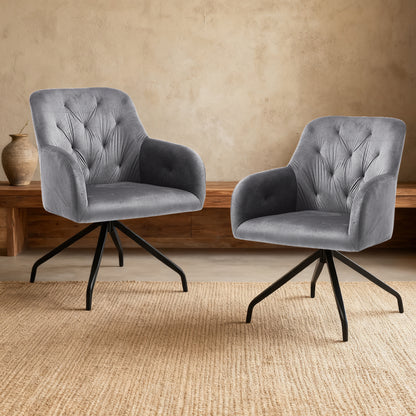 Eetkamerstoelen – Keukenstoelen – Draaistoelen – Velours Stoelen – Armleun Stoelen – Set van 2 – 360° Draaibaar – Stevige Metalen Poten – Grijs