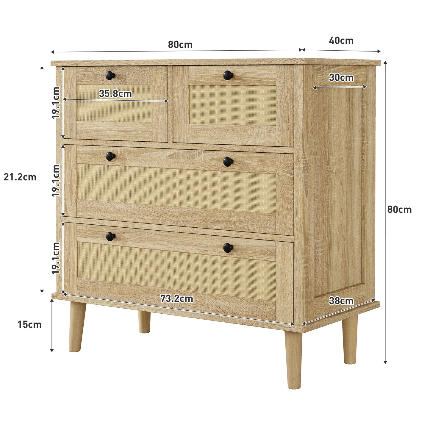 Ladekast – Opbergkast – Commode – Dressoir – Kast – Rattan Voorpanelen – Massief Houten Pootjes – 4 Ruime Lades – Compact 80 cm Breed