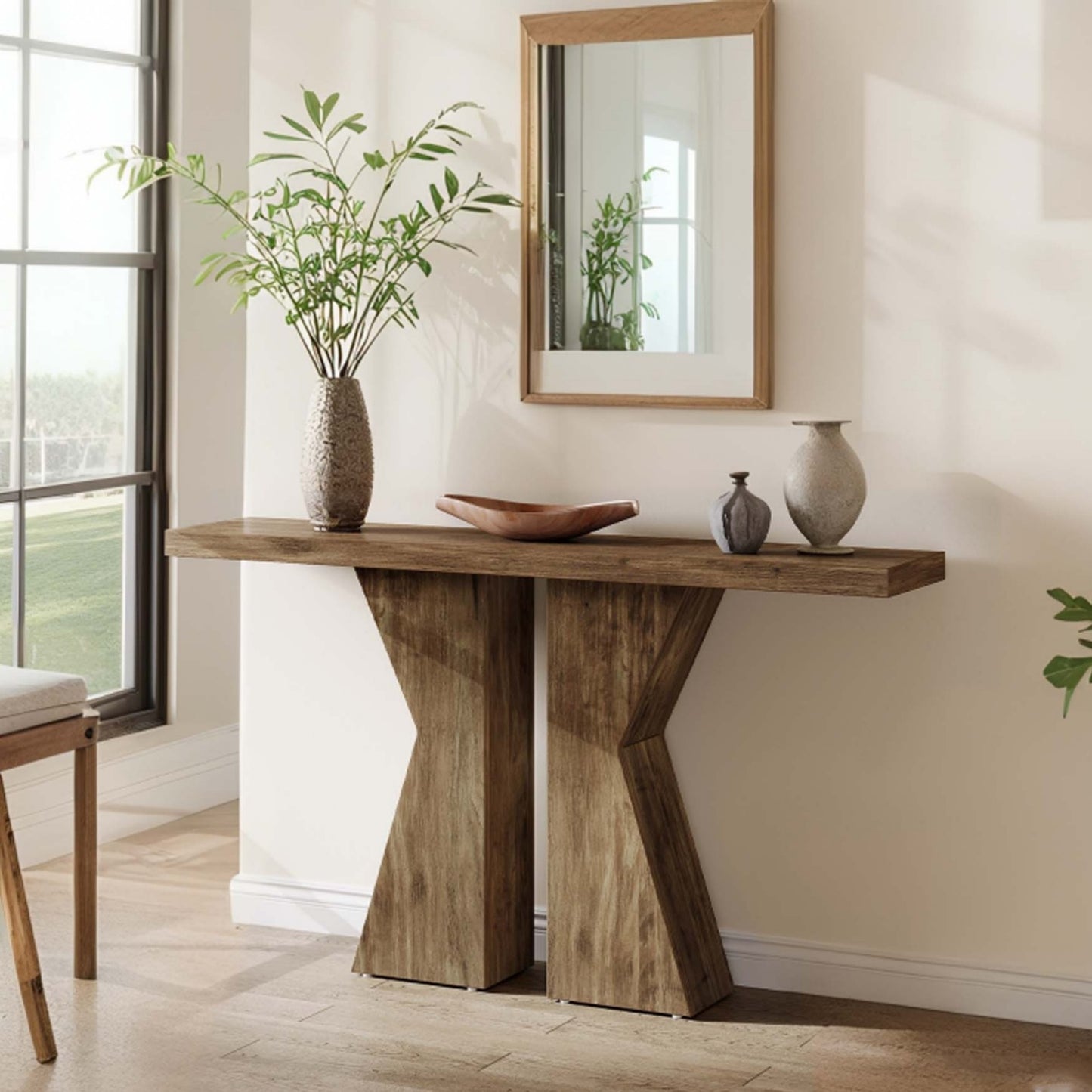 Moderne Sidetable – Haltafel – Gangtafel – Console Tafel – Smalle Wandtafel – Espresso Bruin – K-Vormig Frame – Verouderd MDF Blad – 140 cm – Engineered Wood – Zwart Metalen Poten