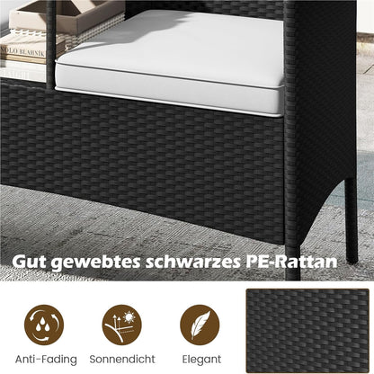 Tuinbank – Loungeset – Bistroset – Tuinmeubilair – Balkonmeubel – Tweezits Met Tafel – Weerbestendig PE-Rattan – Gehard Glas Tafelblad