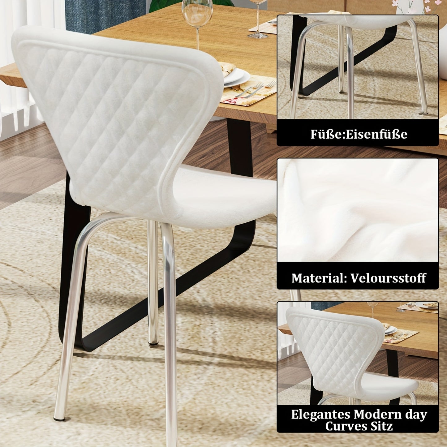 Eetkamerstoel – Kuipstoel – Barkruk – Keukenstoel – Stoel – Luxe Witte Velvet Bekleding – Zilverkleurig Metalen Onderstel