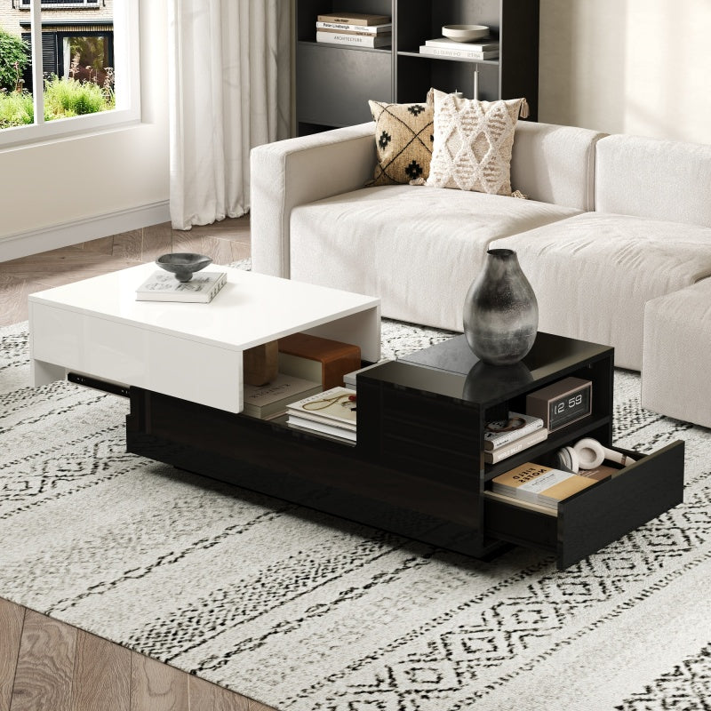 Salontafel – Koffietafel – Woonkamertafel – Dressoirtafel – Bijzettafel – Hoogglans Spaanplaat – Grote Opberglade Met Schuifplaat – Geometrisch Zwart-Wit Design
