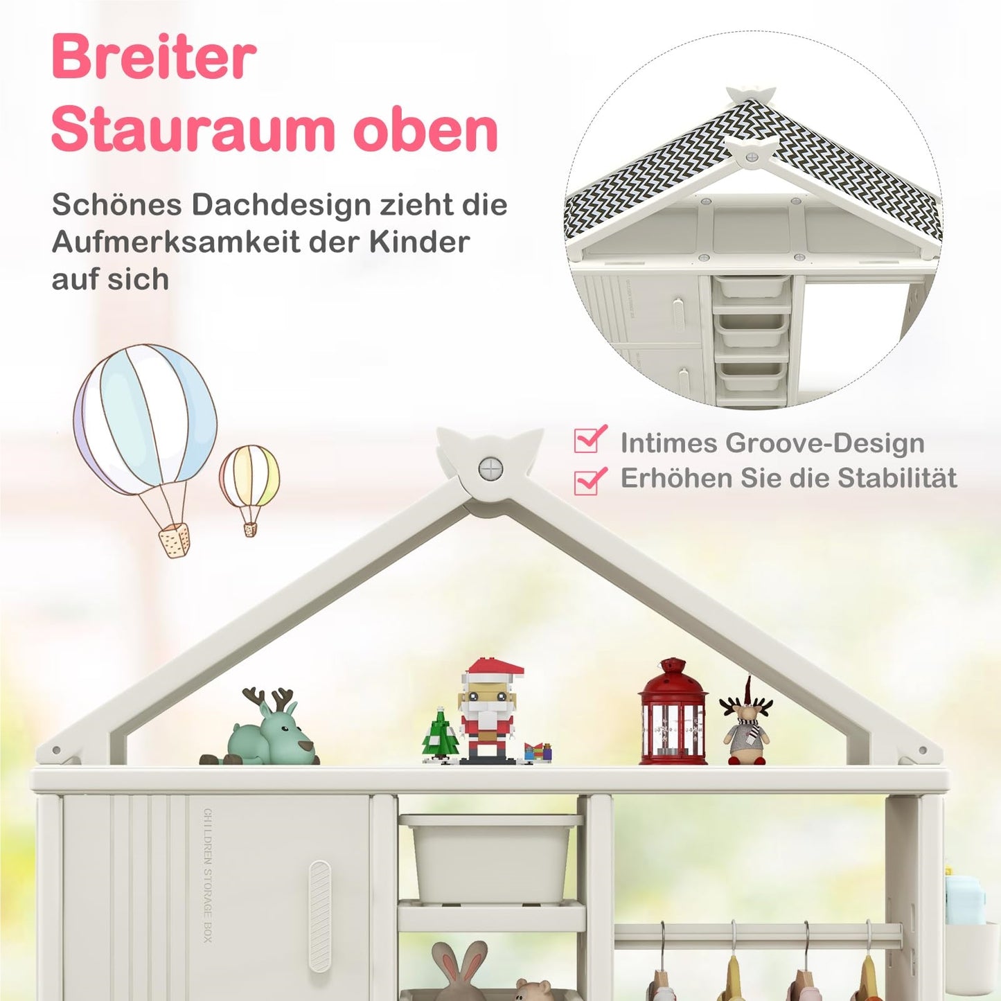 Kinderkast Huisvorm – Kinderen Boekenkast – Speelgoedkast – Opbergrek – Kledingrek – 4 Opbergdozen – Veilig HDPE Materiaal – Kantelbeveiliging