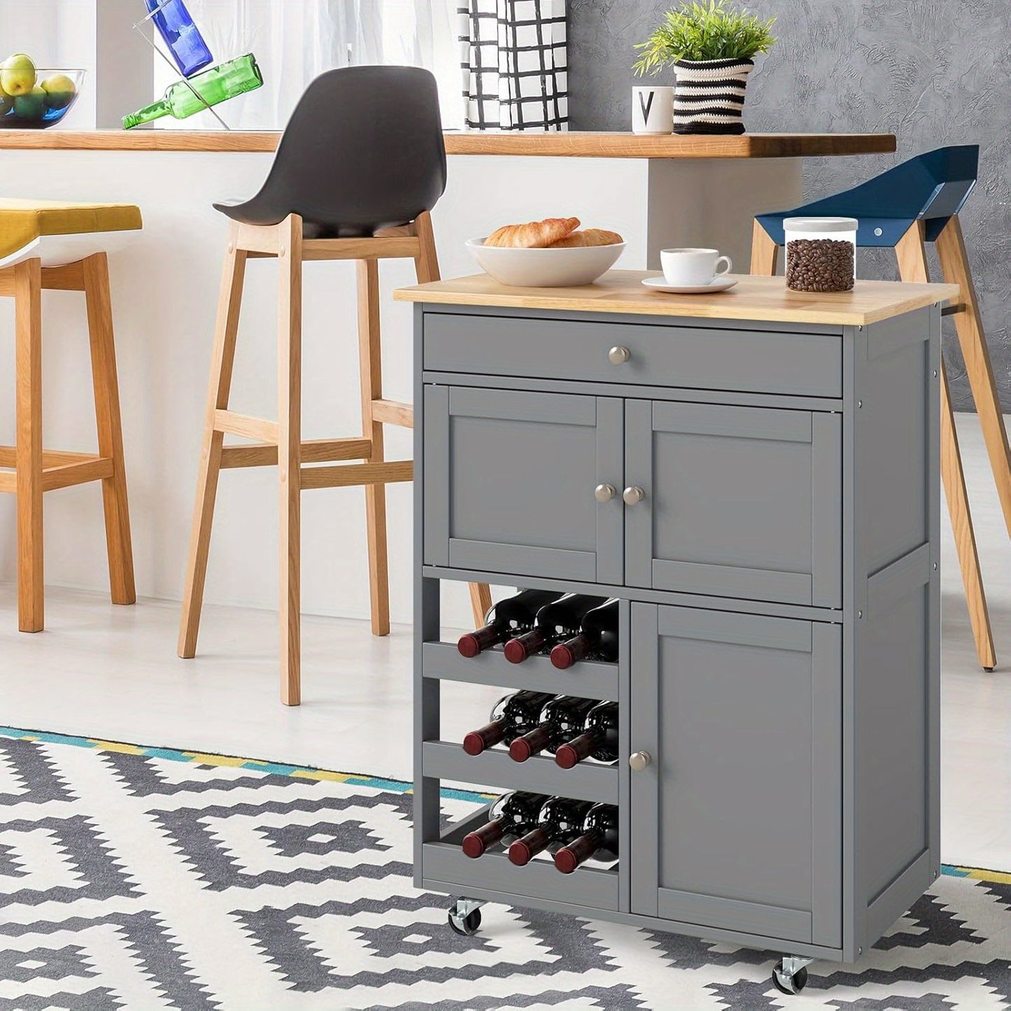 Keukentrolley – Serveerwagen – Keukenwagen – Opbergtrolley – Rolwagen – Houten Frame – 3 Lagen Met Lade – Wieltjes – Compact 87x67x37 cm – Massief Dennehout & MDF