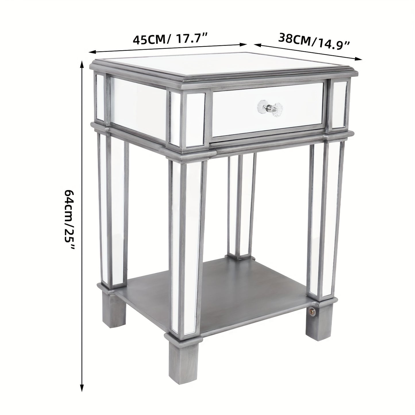 Nachtkastje – Bijzettafel – Sidetable – Opbergtafel – Nachtkast – Spiegelglas – 45x38x64 cm – Met Lade en Open Plank