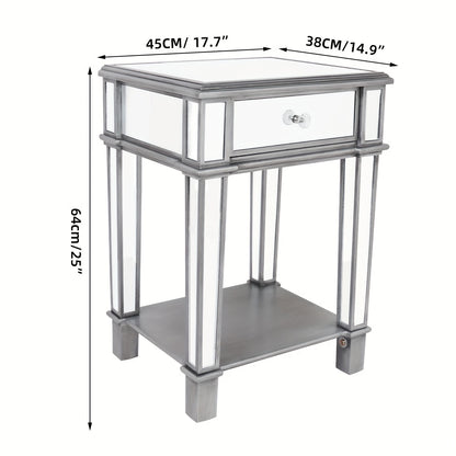 Nachtkastje – Bijzettafel – Sidetable – Opbergtafel – Nachtkast – Spiegelglas – 45x38x64 cm – Met Lade en Open Plank