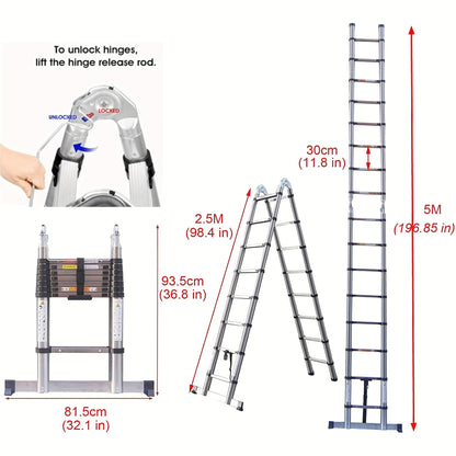 Telescopische Ladder – Uitschuifbare Ladder – Vouwladder – A-Frame Ladder – Trappenladder – 5 Meter Hoogte – Roestvrij Staal & Stabilisatorbalk