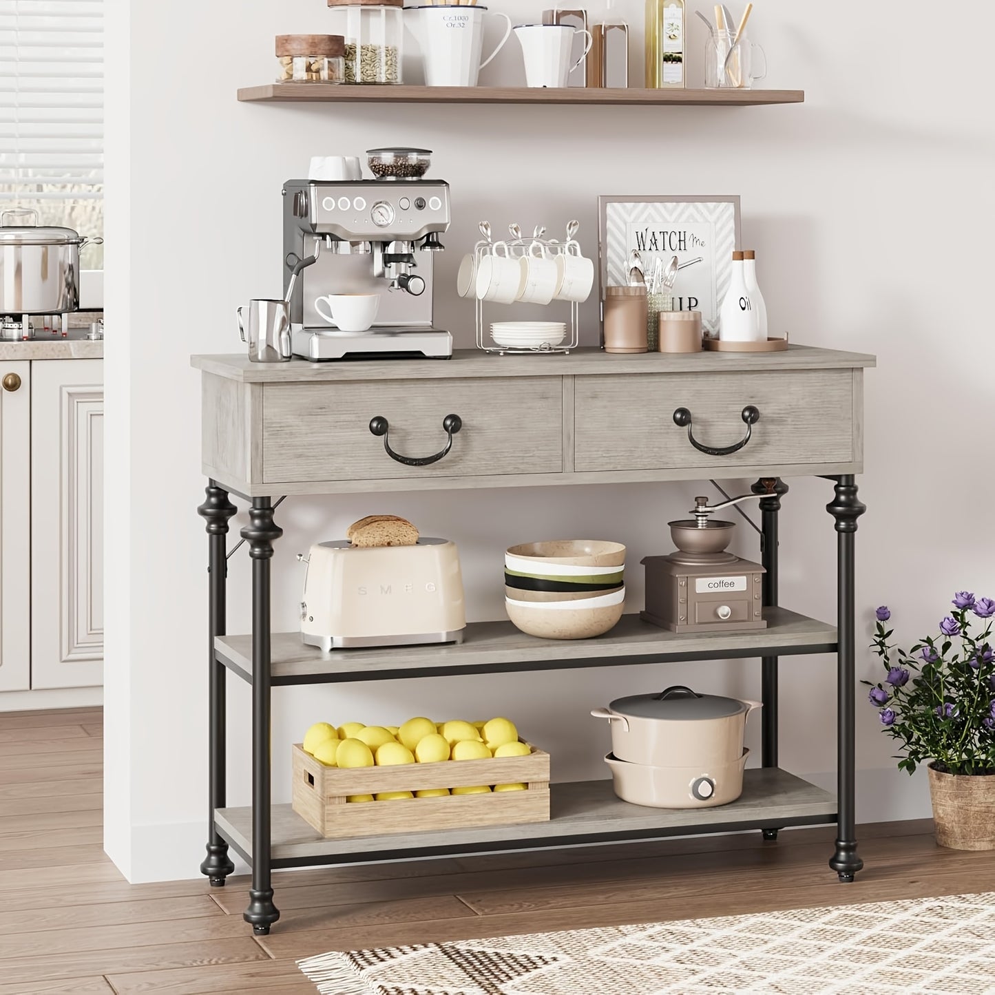 Sidetable – Wandtafel – Haltafel – Console Tafel – Bijzettafel – Smal Rustiek Grijs – Metaal Frame – 69 cm Hoogte