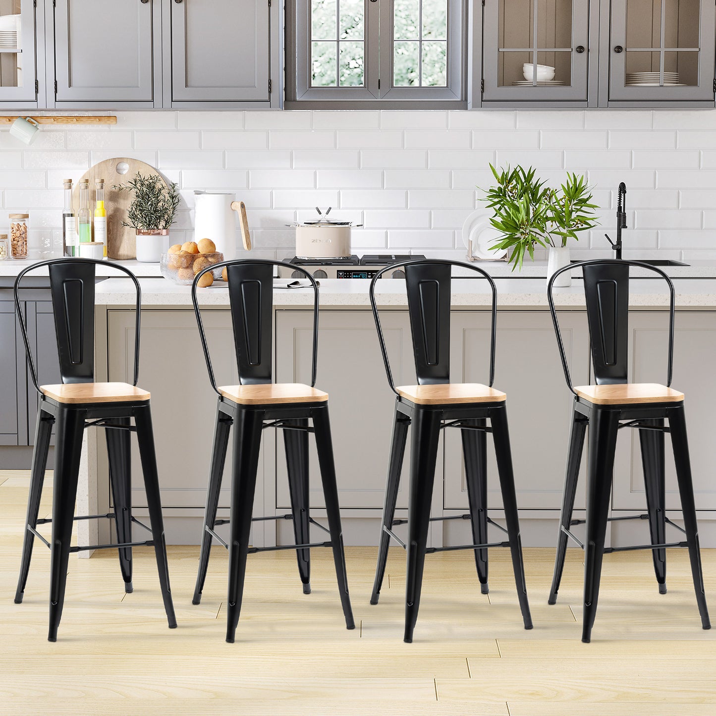 Barkrukken Set – Barstoelen – Krukken – Barstoelen Met Rugleuning – Industriële Barkrukken – Zithoogte 76 cm – Metalen Frame Zwart