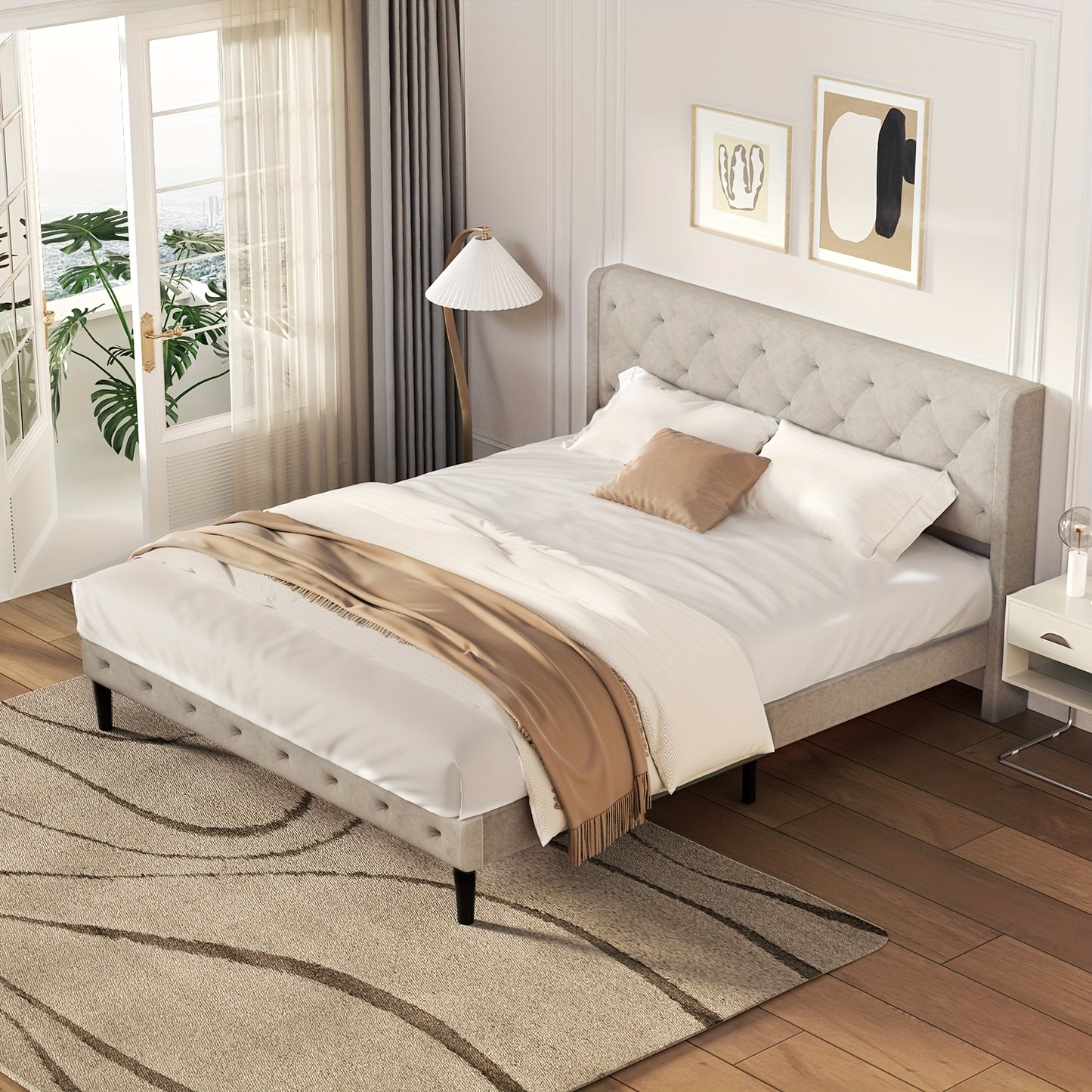 Gestoffeerd Tweepersoonsbed – Tweepersoonsbedframe – Bed met Hoofdeinde – Stoffen Bed – Bed met Opbergruimte – 140x200 cm – Stevig Houten Frame met Lattenbodem