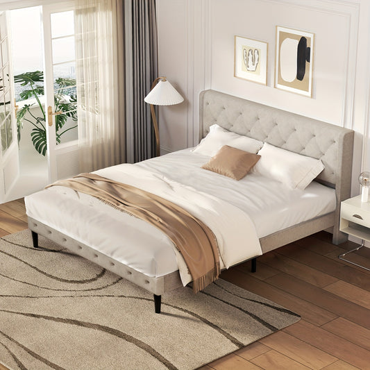 Gestoffeerd Tweepersoonsbed – Tweepersoonsbedframe – Bed met Hoofdeinde – Stoffen Bed – Bed met Opbergruimte – 140x200 cm – Stevig Houten Frame met Lattenbodem