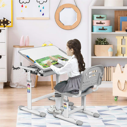 Verstelbaar Kinderbureau – Kinderbureau Met Stoel – Kindertafel – Studiebureau – Meisjesbureau – Hoogte Verstelbaar – Kantelbare Tafelblad – Grijs
