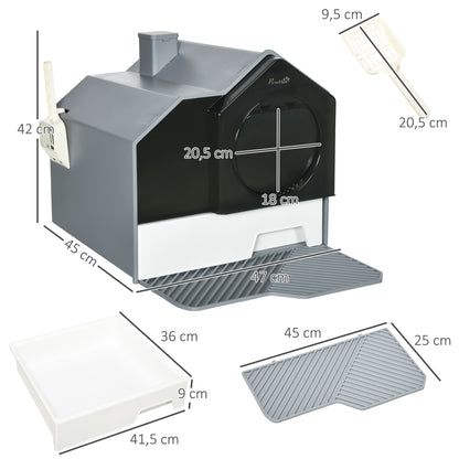 Kattenbak – Kattenbakhuis – Kattenbak Met Deksel – Katten Toilet – Kattenbak Met Deurtje – Afsluitbare Kattenbak – Geurfilter en Uitneembare Onderbak – Compact en Draagbaar – Grijs