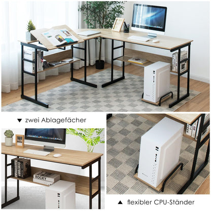 L-Shape Bureau – Hoekbureau – Computertafel – Werkplek – Thuiswerkplek – Houten Tafel Met Verstelbaar Schuin Blad – 170x150x75 Cm Naturel