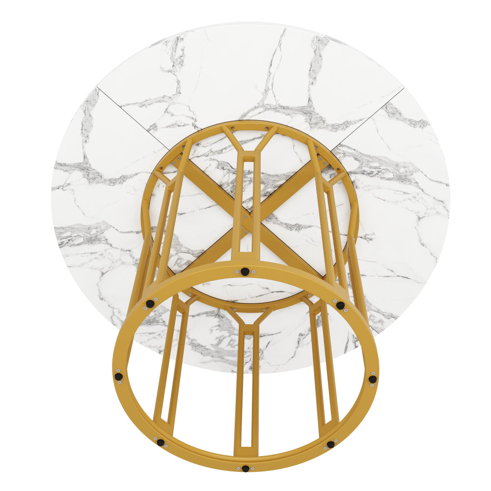 Ronde Eettafel – Ronde Tafel – Keukentafel – Ontbijttafel – Dinertafel – Metalen Onderstel – Marmerpatroon Goud