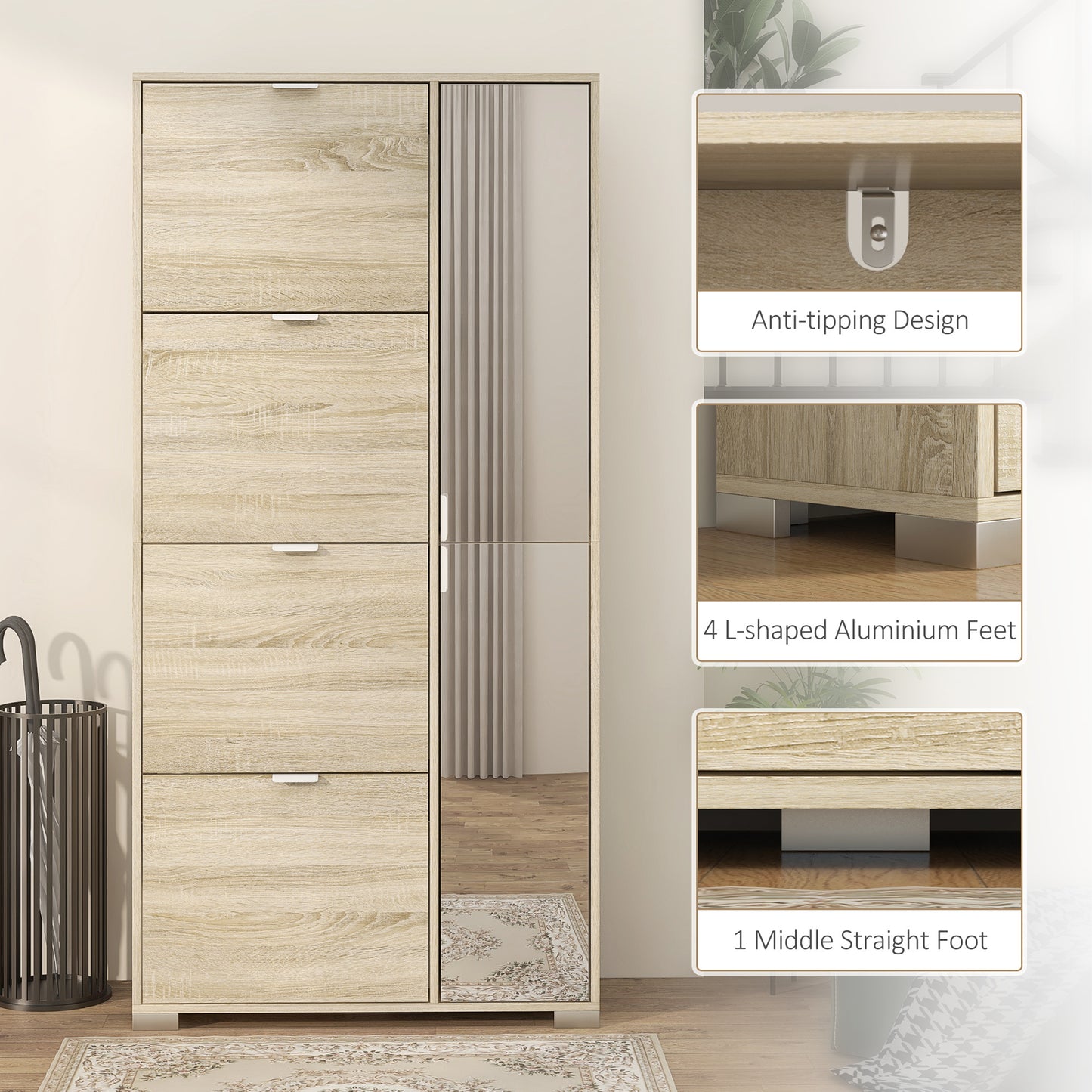 Schoenenkast – Schoenopberger – Schoenenrek – Schoenenkastje – Schoenenmeubel – 4 Deuren Met Spiegel – Verstelbare Planken Voor 16 Paar Schoenen