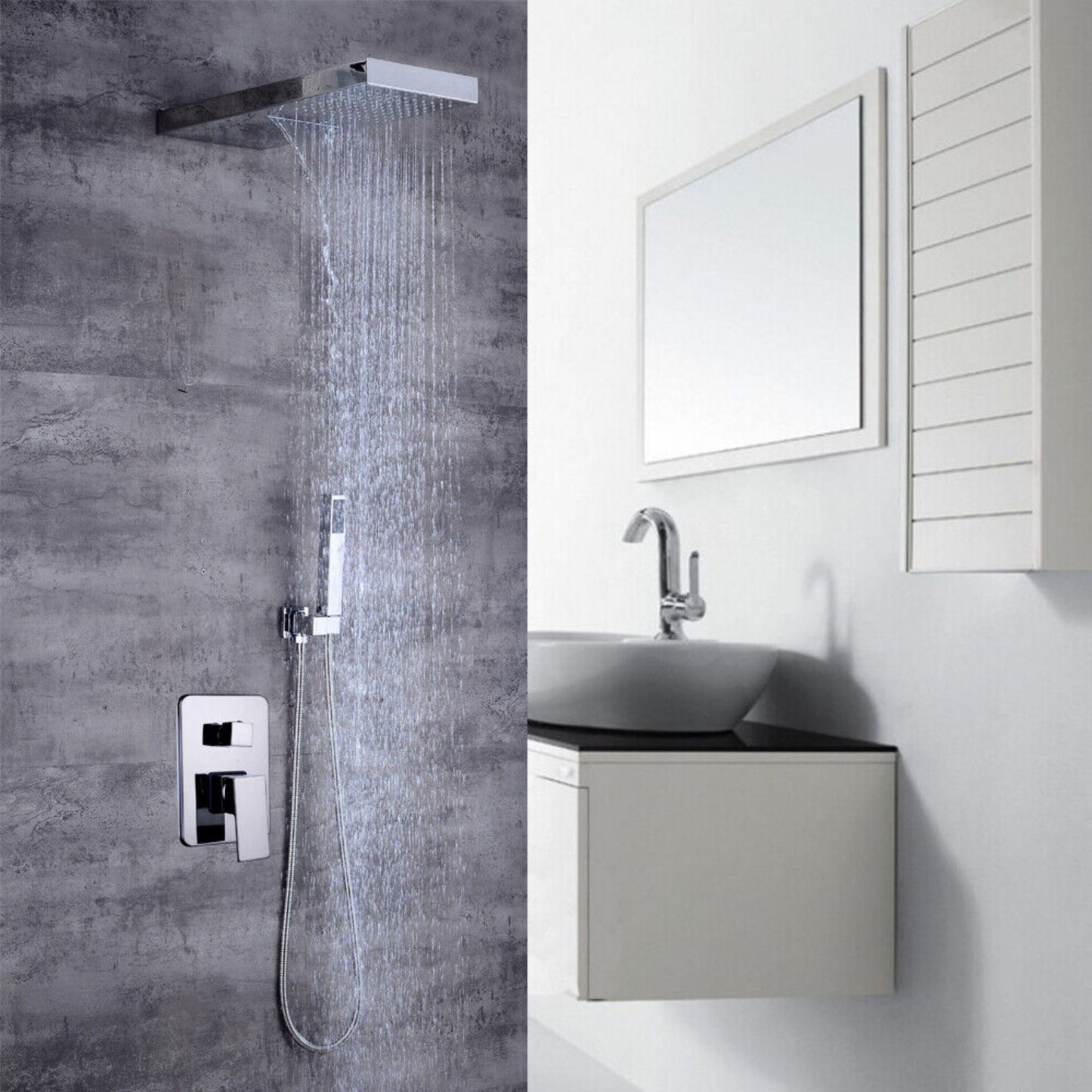 Doucheset – Douchegarnituur – Regendouche – Douchekop – Douchepaneel – 304 Roestvrij Staal – 2 Straalsoorten (Regendouche & Waterval) – Wandmontage – Vierkant – Zilver