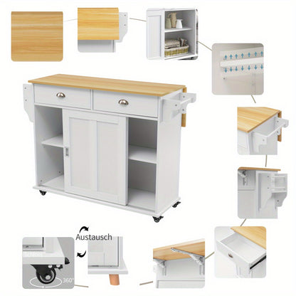 Keukenwagen – Keukentrolley – Serveerwagen – Bijzettafel – Opbergmeubel – Wit – Inklapbaar Werkblad – Zwenkwieltjes Met Houtlook Blad