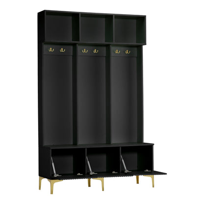 Halbank – Schoenenbank – Opbergbank – Kastbank – Kapstok – Zwart – Gouden Haken – 120 cm Breed – Ruimtebesparend – Eenvoudige Montage