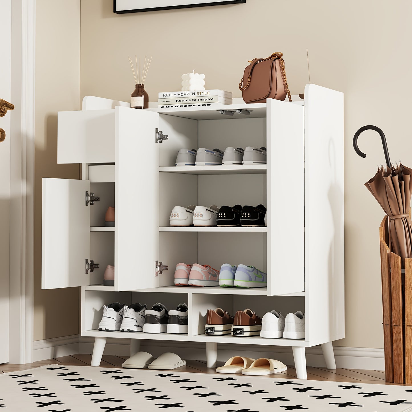 Opbergkast – Ladenkast – Opbergmeubel – Schoenenkast – Kast Wit – Verstelbare Planken – Duurzaam Bamboe – Compact Design 99x90x35 cm