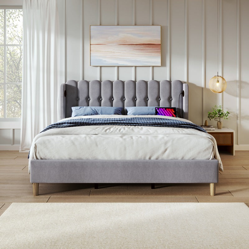 Tweepersoons Bed – Stalen Bedframe – Stoffen Bed – Platformbed – Slaapbank – Vooraf Gemonteerd – 140x200 cm – Fluwelen Hoofdbord