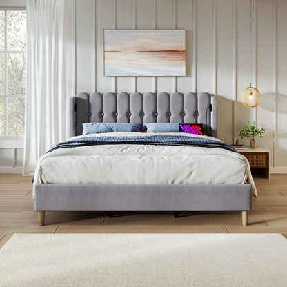 Tweepersoons Bed – Stalen Bedframe – Stoffen Bed – Platformbed – Slaapbank – Vooraf Gemonteerd – 140x200 cm – Fluwelen Hoofdbord