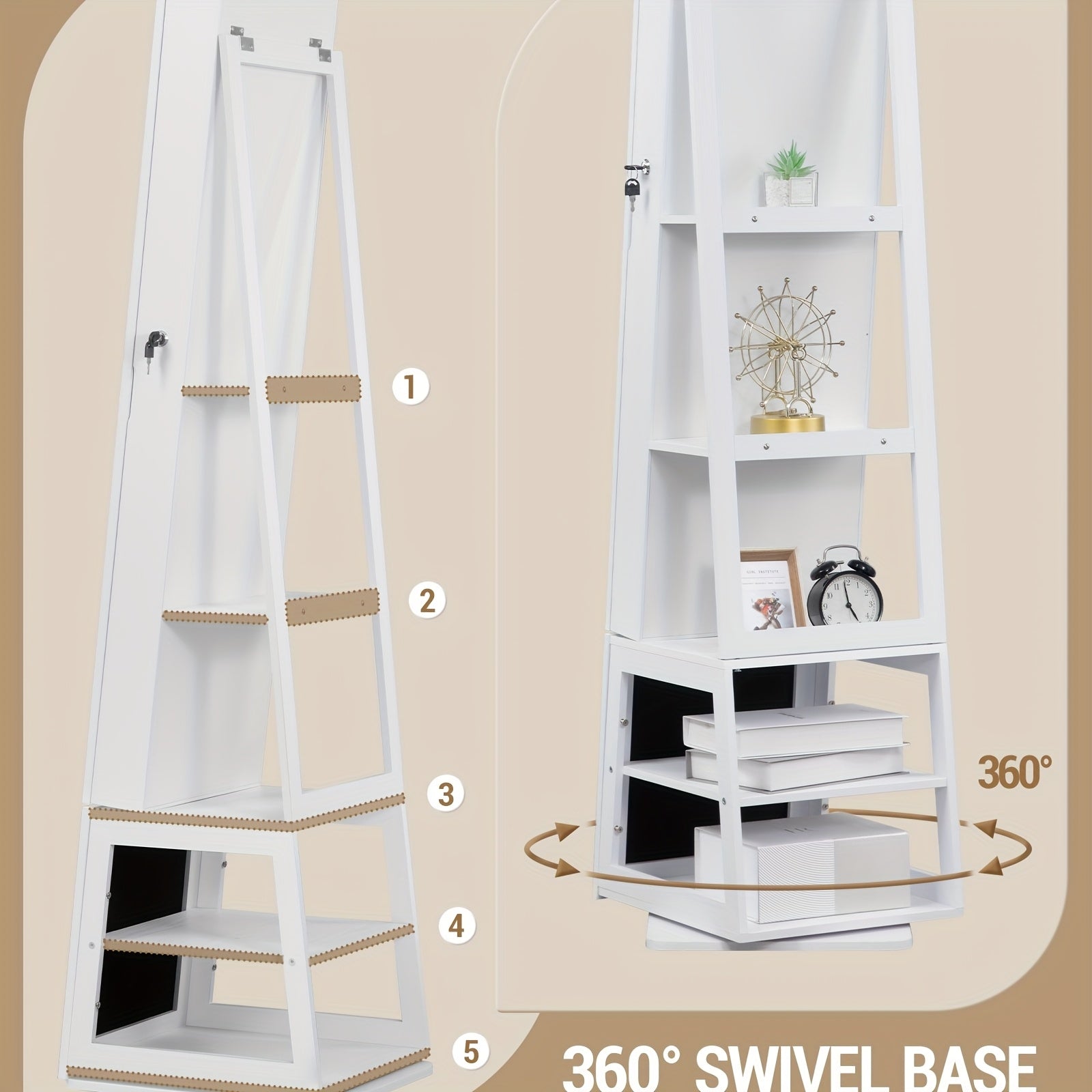 Mirror Jewellery Cabinet, Standing Jewellery Organiser with 360° Rotating Base, Full Length Lockable Mirror, Large 4-Tier Storage Compartments, 4-in-1 Multifunctional, White, Jewelry Armoires - QUORE