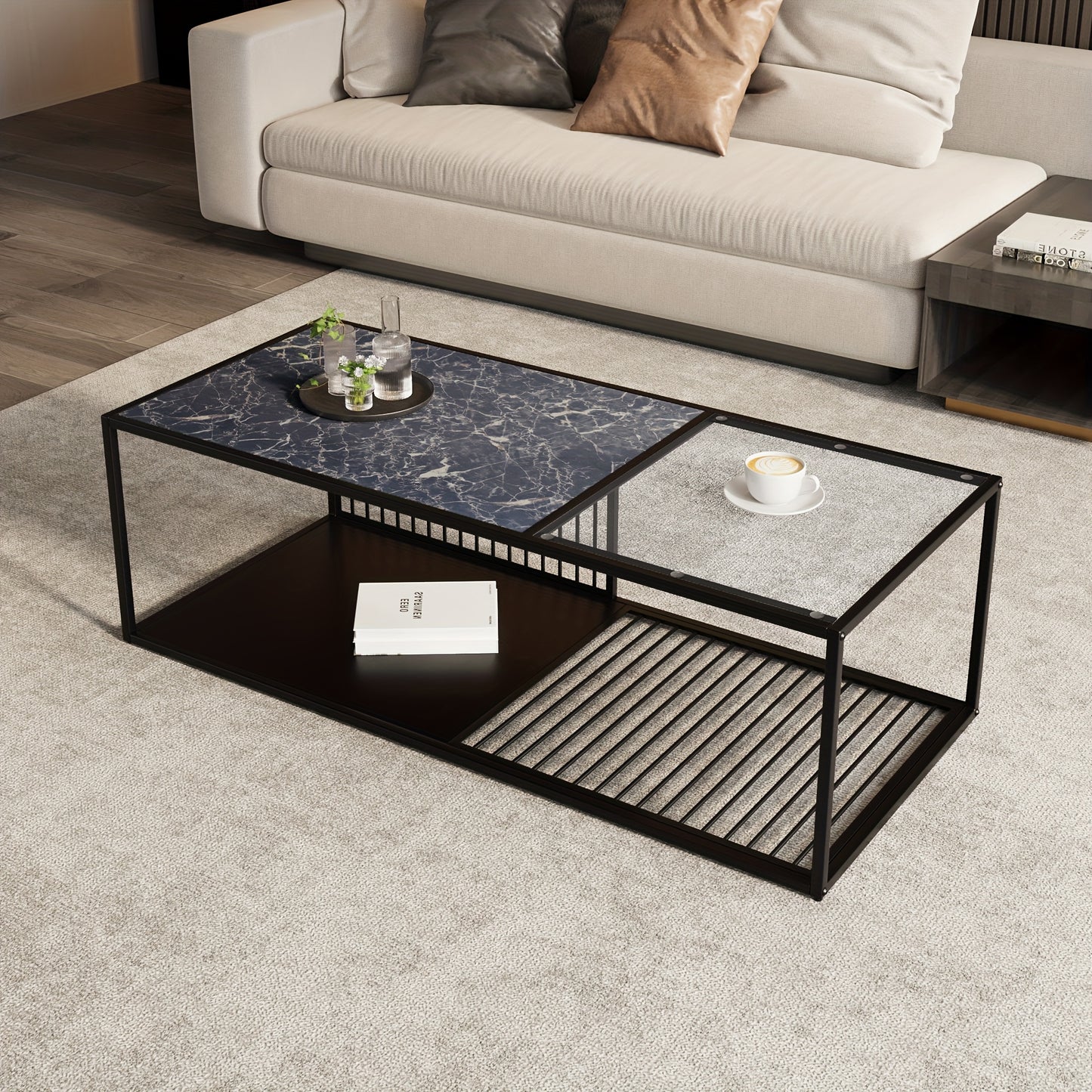 Koffietafel – Salontafel – Bijzettafel – Lounge tafel – Woonkamertafel – Zwart – Glazen Blad – Ruime Opberglade – Minimalistisch Design