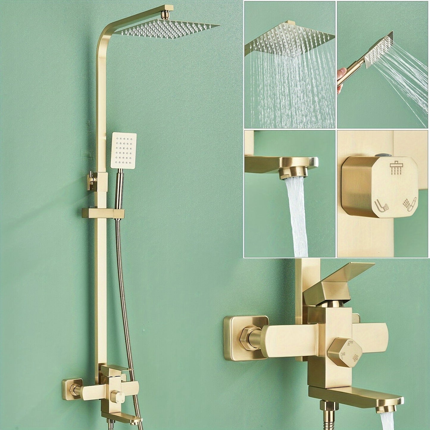 Regendouche Set – Douchekraan – Douchekop – Douchekraan Set – Douche Systeem – Brushed Gouden Afwerking – 20 cm Vierkante Regendouchekop – Duurzaam Messing
